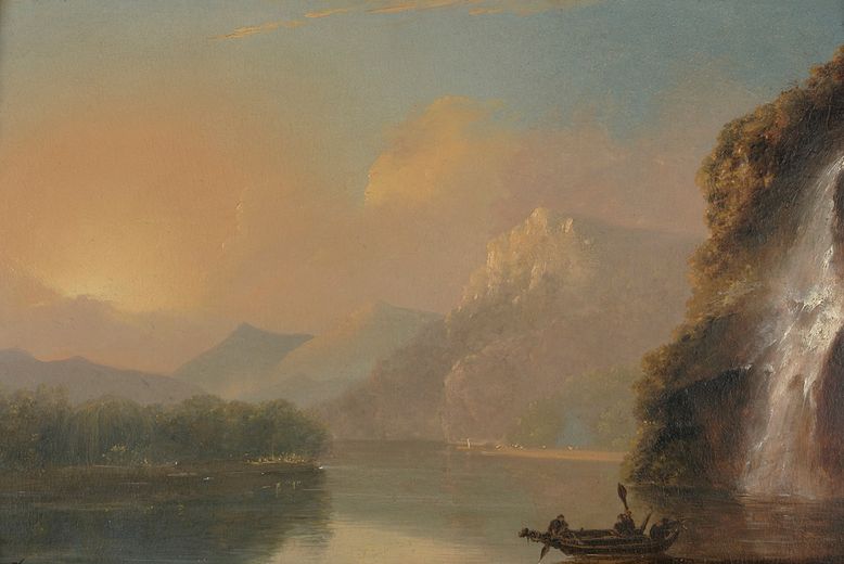 William Hodges - Waterfall in Dusky Bay with Maori canoe