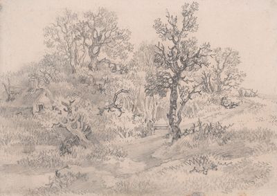 带农舍、牧牛人与牛的林间风景