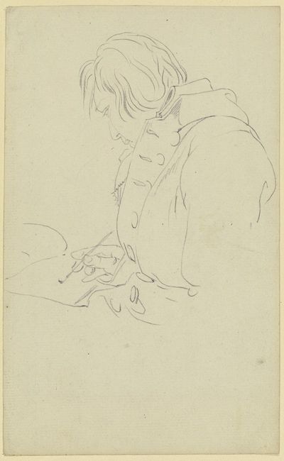 插图画家的肖像与速写本，左侧为侧面的乳房肖像