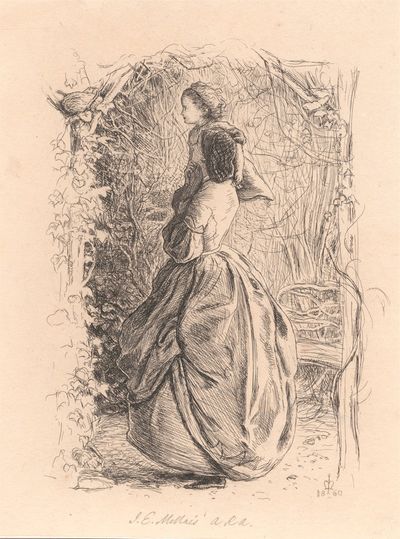 春天快乐。女人和孩子看鸟巢。