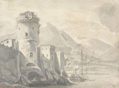 河岸陡坡上的设防建筑，中央有船只，远处可见群山