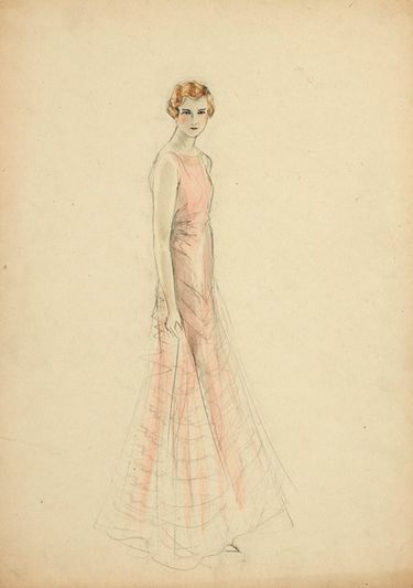 穿着浅粉色无袖晚礼服的女性形象