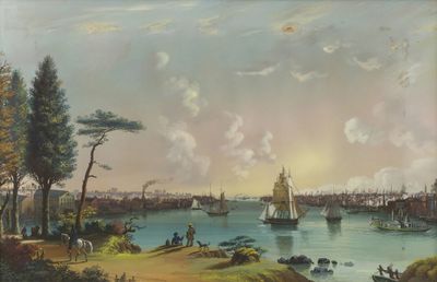 东河西南望，前景布莱克韦尔岛，极左海军船坞，泽西城远眺下纽约
