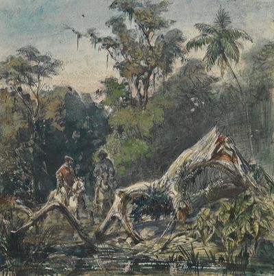 河岸上有两个骑马的人，他们的树枝有裂缝